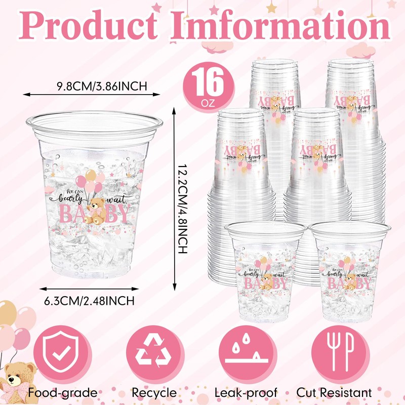 Funnymoom 60 Pcs Pink Bear Plastic Cups 16 oz Disposable