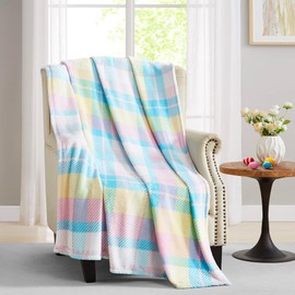 Pastel Plaid Spring Fleece Throw Blanket: Elegant Colors in a Beautiful Plaid Design, Soft Cozy Velvet Colors of Pink Blue Yellow White, Oversized 50" x 70" Inch