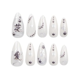 24pcs Medium Almond False Nails, White Stick on Nails Silver Star Rhinestone Press on Nails Removable Glue-on Nails Acrylic Gothic Fake Nails Women Girls Nail Art Accessories