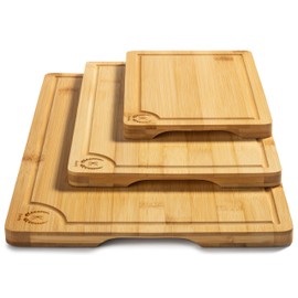 Bamboo Cutting Boards Set of 3 – Durable Wooden Chopping Boards with Deep Juice Grooves & Handles – Easy to Clean Serving & Cutting Board Set for Kitchen, Meat, Vegetables, Cheese, Gifts