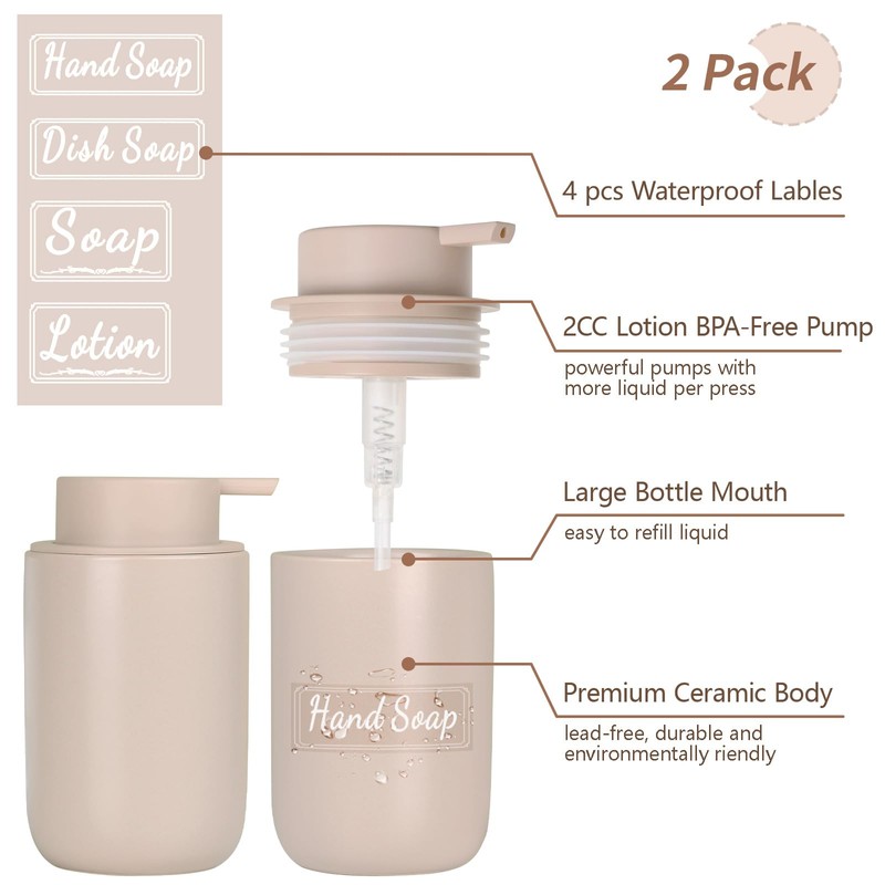 BosilunLife Khaki Soap Dispenser Set - 2 Pack 12oz Ceramic