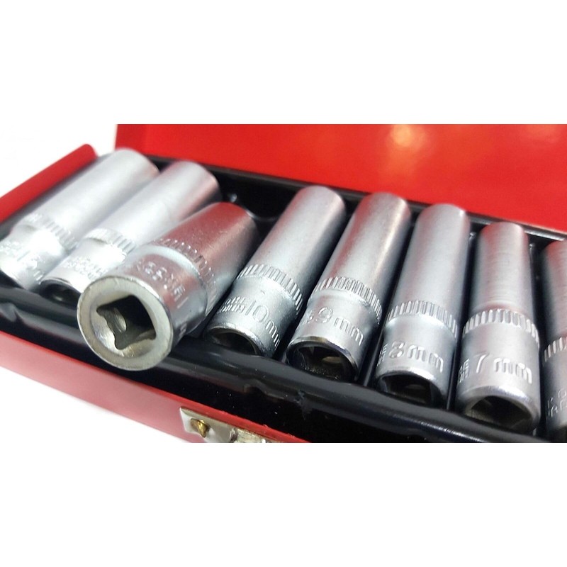 9 Piece Socket Set Long 1/4" Chrome Vanadium 5mm to