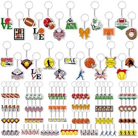 Sports Keychains Bulk 100 Pack, Acrylic Football Baseball Basketball and Softball Key Rings for Team Party Favors and Game Day Gifts