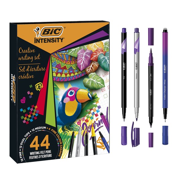 BIC Intensity Pen Set of 44: 12 Dual Tip Brush Felt Tip Pens and 3 Different Fineliner Types: 12 with Medium Tip, 16 with Fine Tip and 4 with 'Colour Change' Function