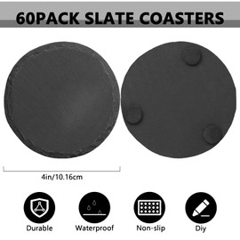 60PCS Round Black Slate Coasters Bulk 4 x4 Inch Slate Coasters Bulk for Engraving Square Slate Coasters Drink Bar Coasters Rustic Handmade Cup Coasters with Anti-Scratch Bottom for Coffee Home Kitchen