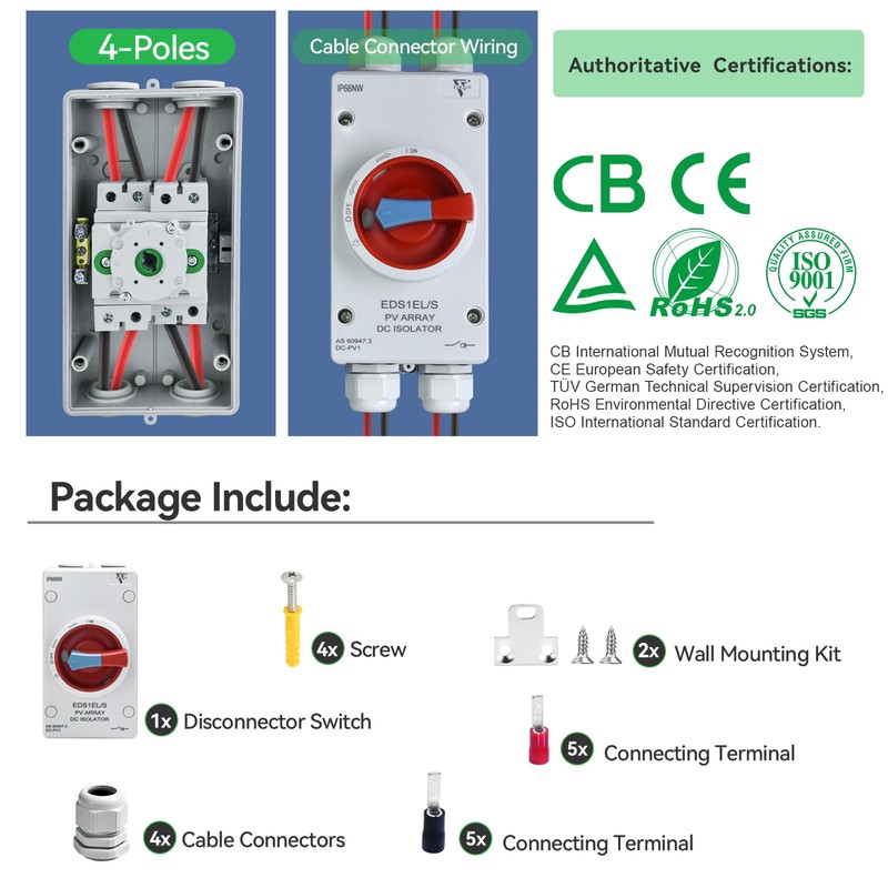 Waterproof IP66 Solar Disconnect Switch 4-Pole Red DC1500V 32Amp Isolator