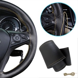 Steering Wheel Cover PU Leather Car Steering Wheel Cover for Lacing Sewing with Needle and Thread Polka Dot Universal Size 37-39 cm M2 Black Beige Stitching