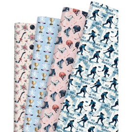 Pineraap Ice Hockey Wrapping Paper 12 Sheets Sports Wrapping Paper Floral Gift Wrap Paper,Pink & Blue Designs,for Women Girls Hockey Birthday Party Decorations,20 x 28 inch (Ice Hockey)