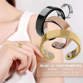 KOFISNI Auvulis Migraine Rings for Women Men Lymphatic Vitality Magneti Fatigue Relief Rings Stainless Steel Adjustable Rings (Black+Rose Gold)