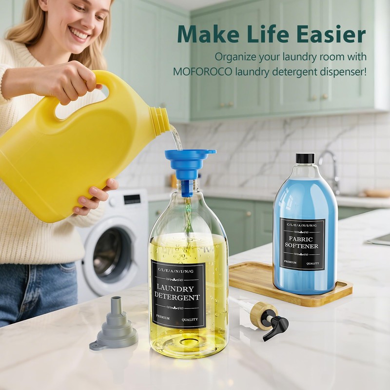 Moforoco Liquid Laundry Detergent Dispenser with Bamboo Tray, 2 Pack