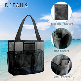 WFK outdoor beach bag, lightweight and durable, 6 pockets, sand proof, perfect for beaches, swimming pools, gyms, travel and shopping(black)