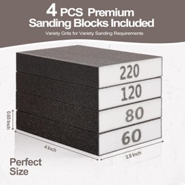 Premium Sanding Block, 4 Pcs Sanding Sponges of 60/80/120/220 Variety Grits, Sandpaper Block for Wet/Dry Sanding, Drywall Sanding Sponge for Wood Auto Body Metal, Flat or Curved Surfaces