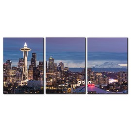 Pacimo 3 Pieces Cityscape Canvas Wall Art - Seattle Washington Skyline Pictures Print on Canvas American Urban Skyline Modern Artwork for Home Office Decor Stretch Framed Ready to Hang - 20" x 28" x 3
