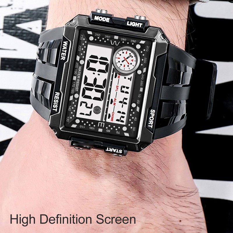 Men Rectangle Digital Sports Watch Night Light Rectangle Display Waterproof