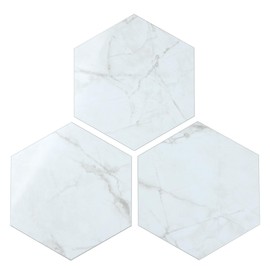 16-Piece Hexagon Peel and Stick Backsplash Tiles, 9"x7.87" Self Adhesive Glossy Faux Marble Wall Tile, Waterproof Stone Composite Kitchen Bathroom Backsplash for DIY Home Decor
