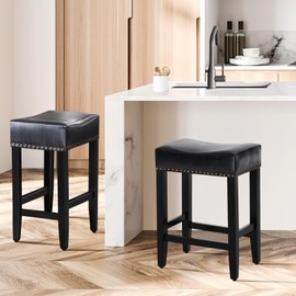Furniliving Bar Stools Set of 2,25.7 inch Counter Height Bar Stools,Upholstered Kitchen Barstools with Solid Wooden Legs, Saddle Stools for Kitchen Island, Bar, Cafe, Black