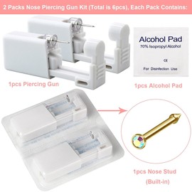 Nose Piercing Gun Kit - 6Pcs Self Nose Piercing Kit Unit Disposable Nose Piercing Gun Including 2Pcs Nose Piercing Gun with 2Pcs Built-in Nose Studs and 2Pcs Clean Tools for Nose Cartilage Tragus Helix Piercing Kit(Gold)