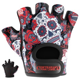 Contraband Pink Label 5237 Womens Designer Workout Gloves | Sugar Skull Print w/Grip-Lock™ Padding (Red, X-Small)