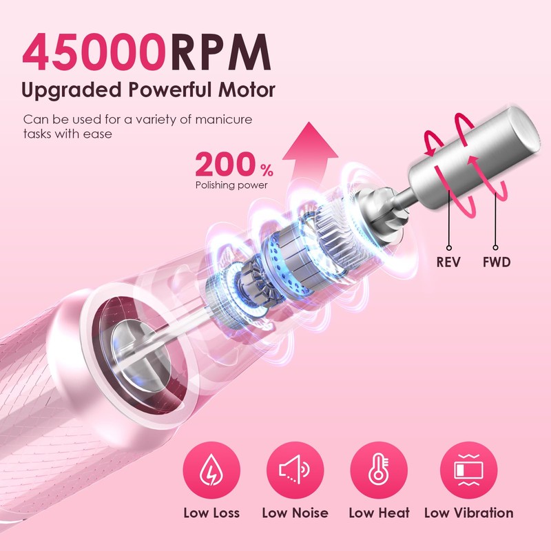 HELIVIVE Professional Electric Nail Drill 45000RPM (Portable & Rechargeable) (with