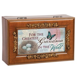 Cottage Garden Greatest Grandma in World Woodgrain Embossed Jewelry Music Box Plays Amazing Grace