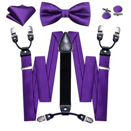 Barry.Wang Suspenders and Bow Tie Set for Men Solid Paisley Bowtie Y Shape Brace Handkerchief Cufflinks 6 Strong Clips, Satin Solid Dark Purple, One Size