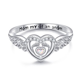 HUKKUN Miscarriage Ring Sterling Silver Miscarriage Rings Created Opal Angel Wings Ring Mommy of An Angel Jewelry Gifts for Women