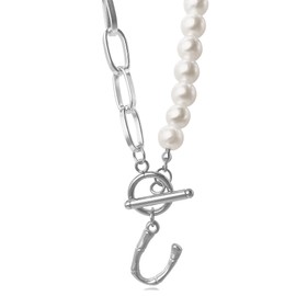 Initial Pearl Necklace for Women,Stainless Steel Paperclip Chain Cuban Link Chain Necklace for Men,Letter A to Z Initial Necklaces (U, Stainless Steel)