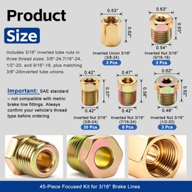 45Pcs Brake Line Fittings Kit, 3/16" Inverted Flare Nuts and Unions Assortment, SAE 3/8"-24 7/16"-24 1/2"-20 9/16"-18 Threads for Brake System Fuel Line