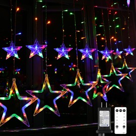 Blingstar Star Curtain Lights 138 LED 12 Star Multicolor Christmas Lights 8.2 Ft Connectable Window Lights with Remote Plug in Curtain String Lights for Christmas Ramadan Bedroom Indoor Outdoor Decor