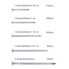 510pcs Galvanized Steel Nails Kit,Hanging Pictures Nails in 5 Different Sizes with The Length 0.75 to 2 Inches , Wood Nails, Wall Nails Sorted in The Assortment Box