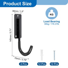 sourcing map 4 Pcs 5.71x2.56 Inch Garage Hanging Hooks, Heavy Duty Utility J Hooks, Wall Mount Hooks, Tool Hangers for Garage, Garden, Tools Storage,Black