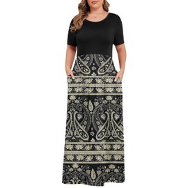 KARALIN Women’s Plus Size Maxi Dresses for Curvy Women Summer Casual Short Sleeve 2025 Long Dress Boho Floral Black 14W