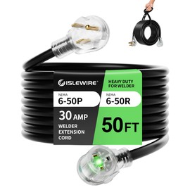 islewire 50ft 250V Welder Extension Cord, 10 Gauge Heavy Duty Outdoor Welding Cord with LED Indicator, NEMA 6-50P to 6-50R, 30 Amp 3 Prong Power Extension for Welding Machines, 10 AWG SJTW, Black