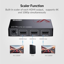 AV Access 1 in 2 Out UHD 4K @ 60Hz 1080p @ 120Hz HDMI 2.0 Splitter with Auto Downscaling, 18Gbps Zero Latency, 1×2 4K HDMI Splitter with HDR10 and 3D, HD Lossless Audio, HDCP 2.2, Auto EDID Management
