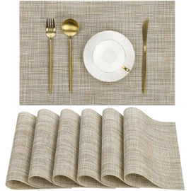 SHACOS - Juego de 6 manteles individuales de vinilo tela de PVC, resistentes al calor, resistentes a las manchas, decoración de mesa para interiores y exteriores, color beige
