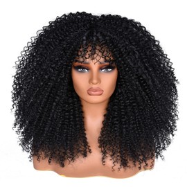 Lizzy Curly Afro Wigs for Black Women 18 Inches Afro Bomb Curly Wig with Bangs Synthetic Fiber Glueless Long Kinky Curly Hair Wigs for Daily Party (Black)