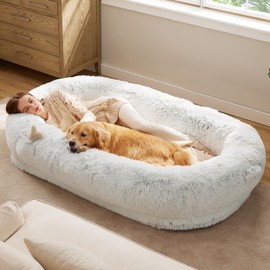Bedsure Human Dog Bed, 71.0" x 44.0" x 12.0" Calming Giant Human Dog Bed for Adults People Fits Pet Families with Storage Pocket, Fluffy Faux Fur Orthopedic Pet Bean Bed, Frost Grey