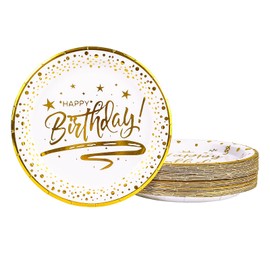 DHAIQC Paper Plates, White Gold, Pack of 50, Paper Plates, Birthday Party Plates, 23 cm, White with Gold Rim, Disposable Plates, Paper Plates, Children's Birthday Party Tableware (Birthday White, 23