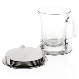 com-four® 7 Piece Coasters Set with Holder - Stainless Steel Coasters for Drinks - Round Steel Coasters - Silver (007 Pieces - Silver)