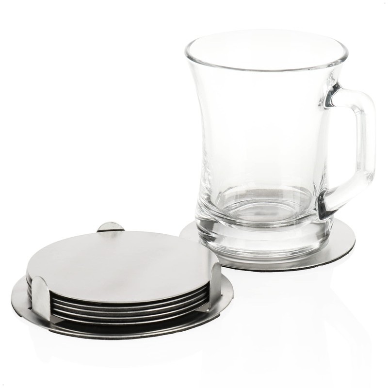 com-four® 7 Piece Coasters Set with Holder - Stainless Steel