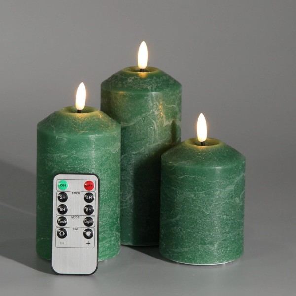 Girimax Green Flameless Pillar Candles with Remote, Real Wax LED