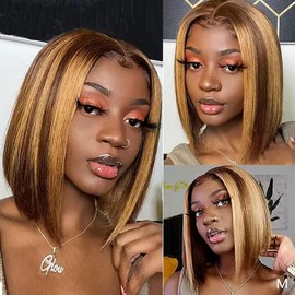 Ombre Brown Honey Blonde 4/27 Highlight Bob Wig Human Hair 13X4 Hd Transparent Highlight Bob Lace Front Wig Wear and Go Glueless Wig Human Hair Pre Plucked With Baby Hair Short Bob Wig For Black Women