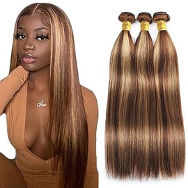 AiPliantfis Blonde Bundles Wefts Real Hair Brown Straight Human Hair Bundles No Tangle Hair Bundle Real Hair Wefts Grade 8A 100% Brazilian Remy Human Hair Extensions for Women 16 18 20 Inches