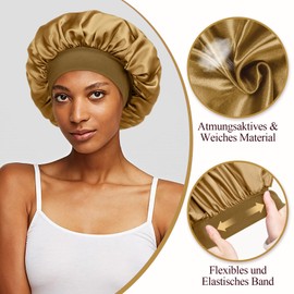 Kiiwah Pack of 2 Satin Bonnet Night Sleep Hat Adjustable Sleeping Cap Headgear Soft Head Cover Sleep Cap Silk with Elastic Band for Women and Girls, Black, Gold