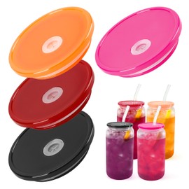 Joyclub 4 Pack Acrylic Lids Fit for 16oz Glass Cups with Straws, Replacement Lid for Drinking Beer Can Cute Iced Coffee Tumblers with Bamboo Lids(Multi Dark)