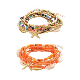 RIJXU 2 Sets Beach Shell Anklets for Women 7in/8in Boho Stretchy Ankle Bracelets Hawaiian Seashell Beaded Anklet Elastic (Multi+Orange, 8.5)