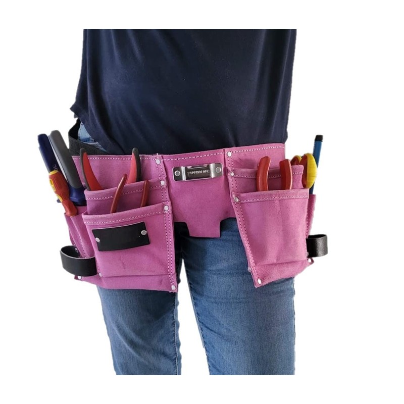 11 Pocket Pink Double Leather Tool Pouch Includes Tape/Hammer Holder