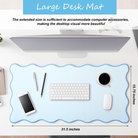 Hahafelt Scalloped Desk Mat Large Scalloped Piping Cute Desk Mat Aesthetic Preppy Table Pad Large Nonslip Pad with Edge Stitching Waterproof Gaming(Blue,31.5 x 15.75 Inches)