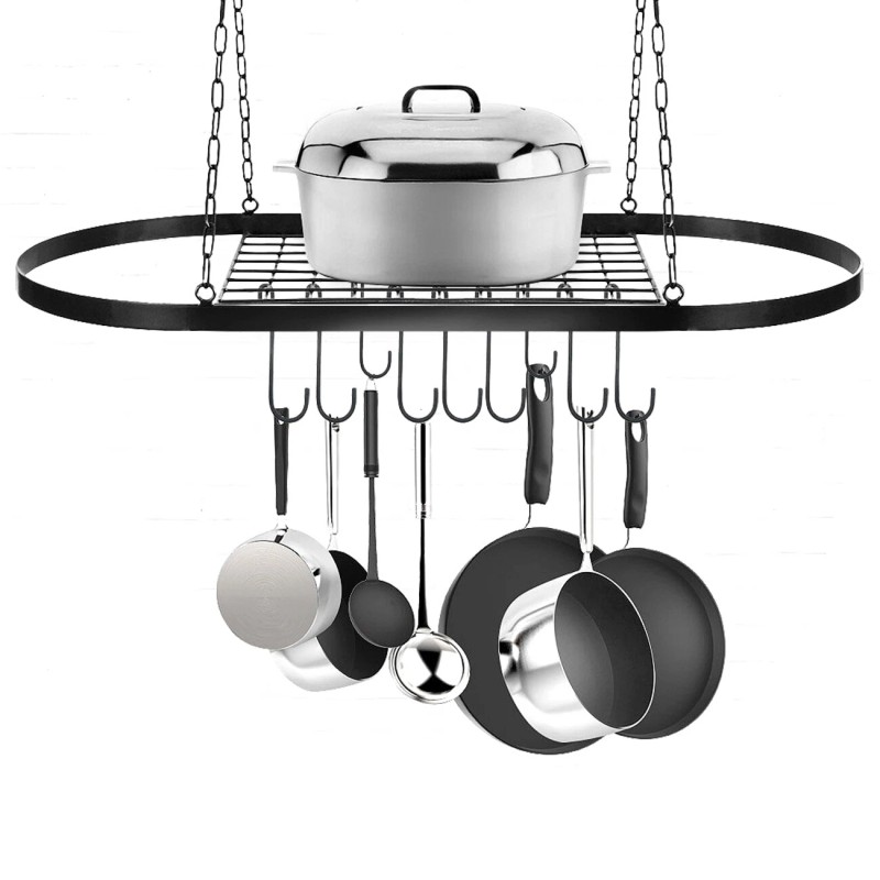 Kitchen Storage Hanging Pot Holder Pan Hanger Shelf Cookware 9-Hooks