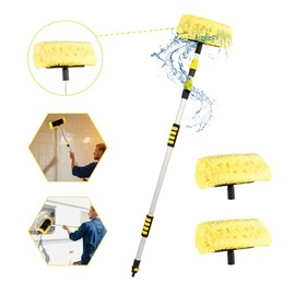 QCHENYI 12-FT Car Wash Brush with Telescopic Wand, Car Cleaning Brush with 12” Soft Yellow Bristle, Washing Brush with Hose Attachment for Cleaning Truck, RV, Swimming Pool, House Siding, and Floors